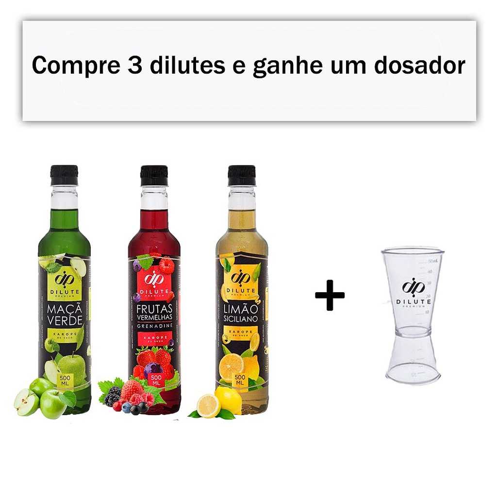 Kit Xarope Dilute Maça Verde+Frutas Vermelhas+Limão+Dosador