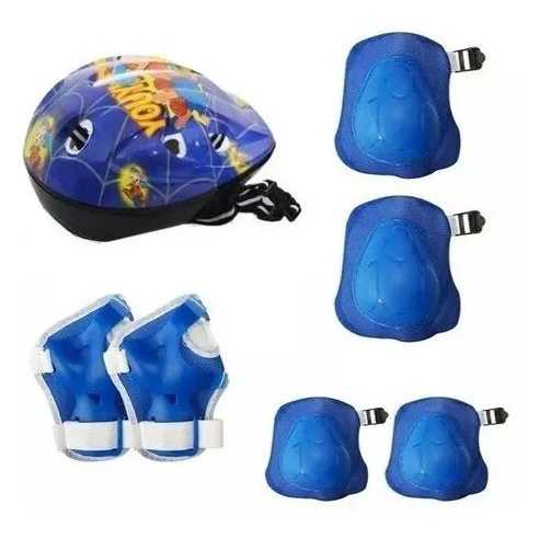 Capacete Infantil Azul com Kit de Proteção Cotoveleira Joelheira para Bike Skate Patins Hoverboard Patinete Bicicleta de Criança