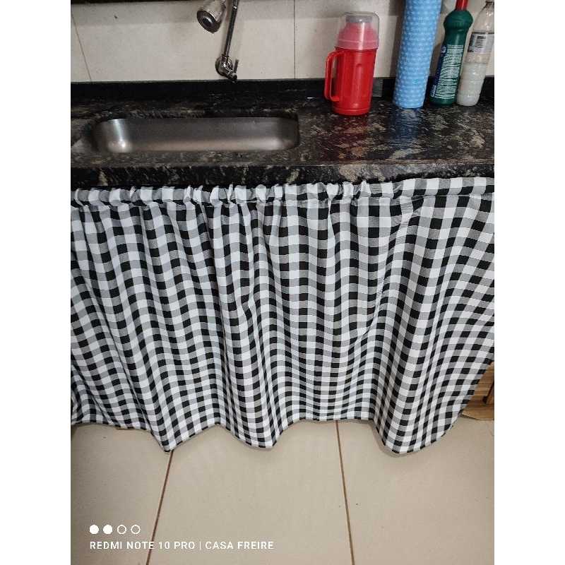 Cortina de pia de cozinha simples 1,40x0,80 xadrez preto/decoração