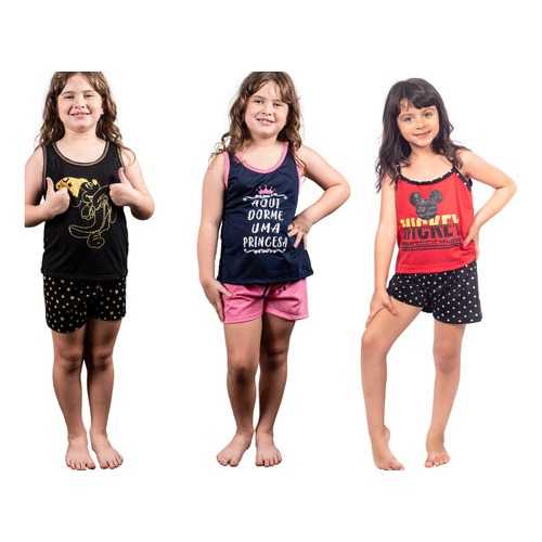 Kit 3 Pijama de Calor Curto Infantil Menina Estampado Personagens Desenhos