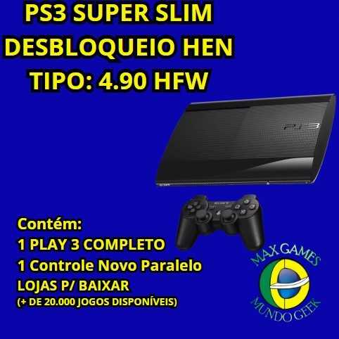 PS3 PLAYSTATION SUPER SLIM 500 GB *H.E.N*. COM 1 CONTROLE ENVIO FILMADO E FOTOGRAFADO SONY