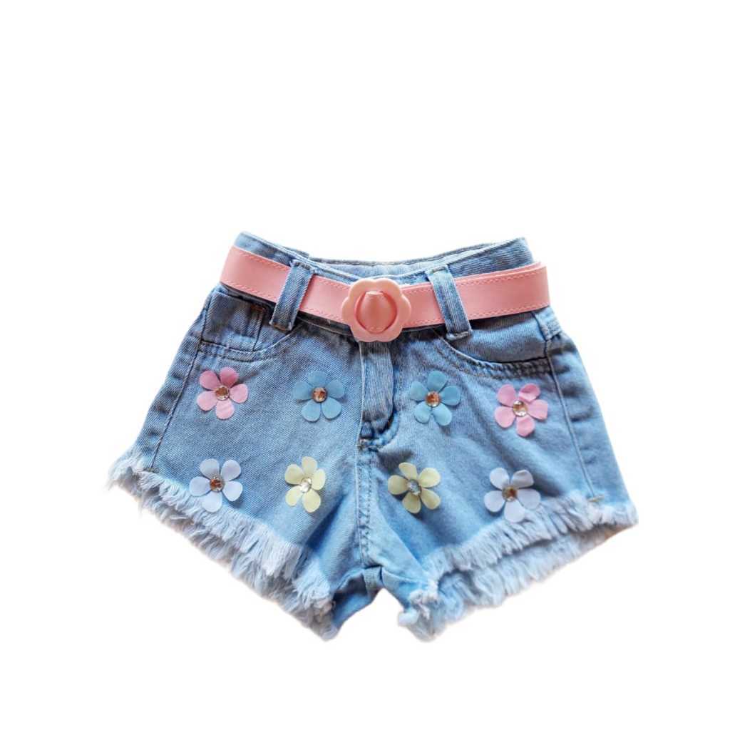 Short jeans infantil menina flores com barra desfiada blogueirinha