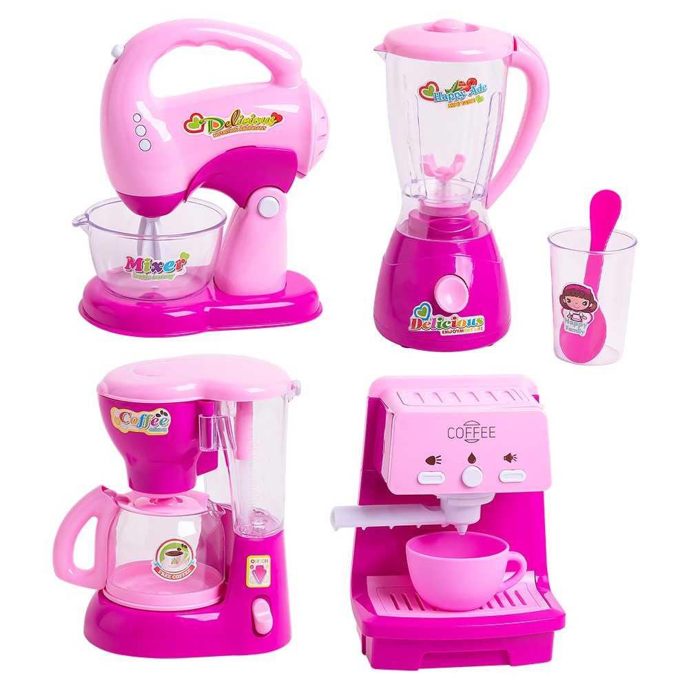 Mini Cozinha a Pilha Pink Kit com 4 Brinquedos Cafeteira Liquidificador, Máquina de Café e Batedeira