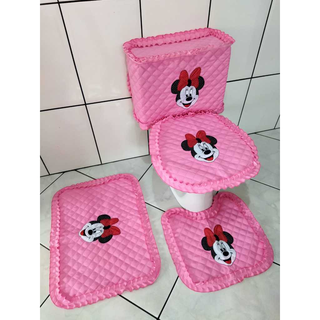 Kit 4 peças pra banheiro Minnie jogo de tapetes capa para caixa acoplada tampa vaso sanitário tecido