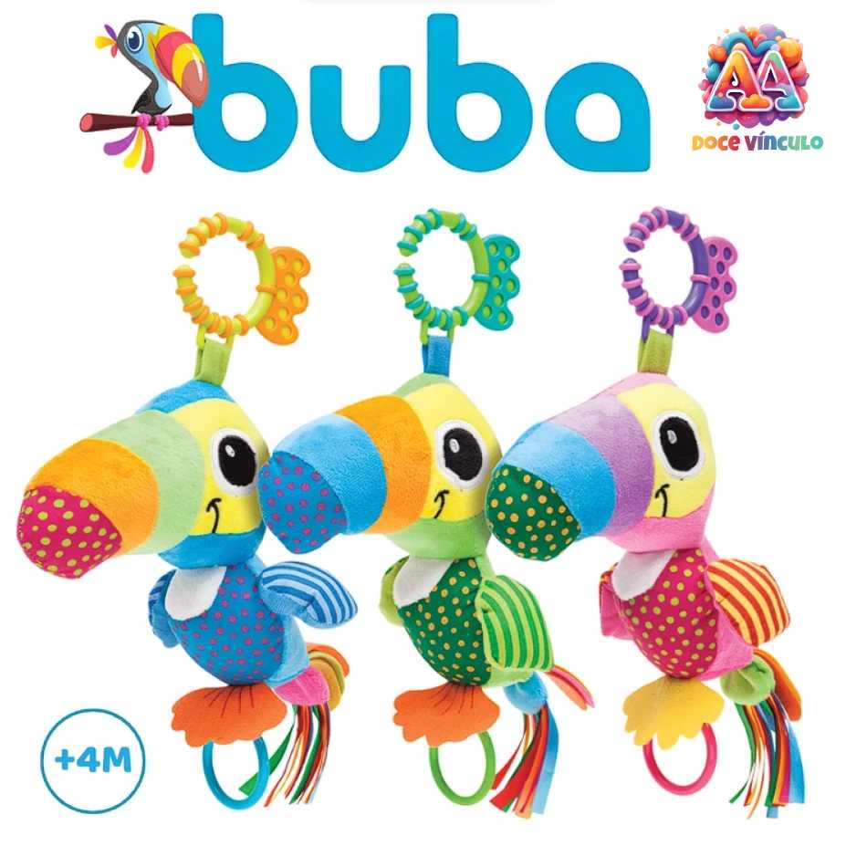 Brinquedos para bebê Chocalho e Mordedor Pelúcia Tucano Zuzu Atividades Texturas - Buba