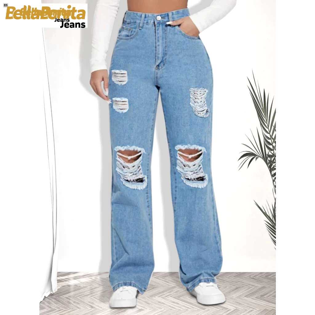 Calça Jeans Feminina Premium Wide Leg / Com Rasgos Destroyed/ perna larga /cintura alta /jeans pantalona/ despojado/ com bolso