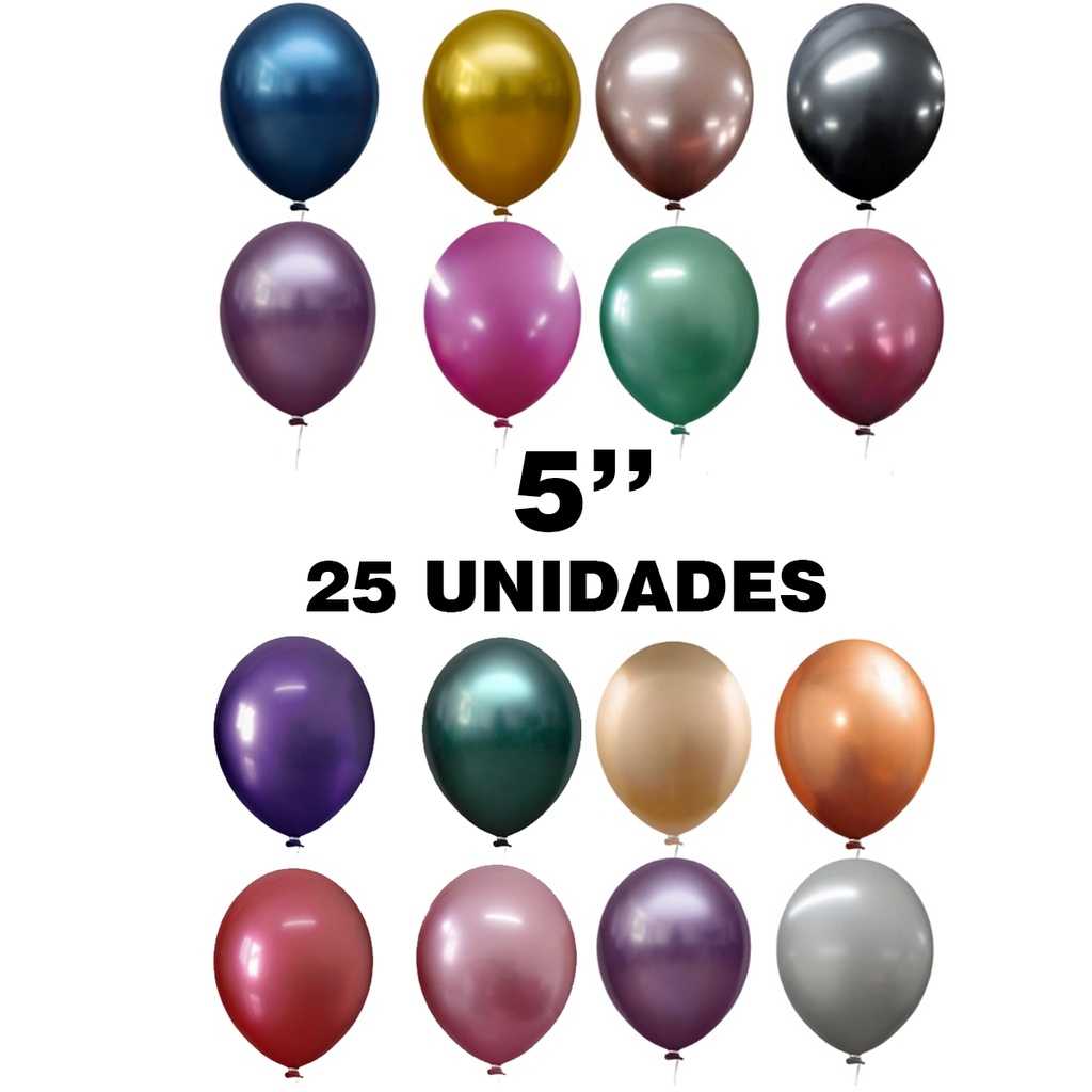 Balão Bexiga 5 Polegadas 25 Unidades Metalizado Alumínio Cromado