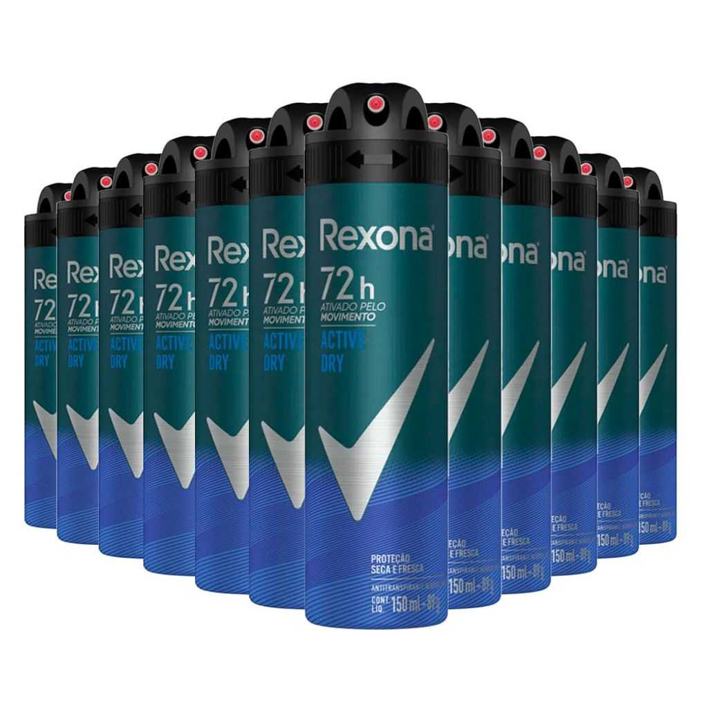 Kit Desodorante Aerosol Rexona Masculino Active Dry/Azul 150ml - 12 Unidades