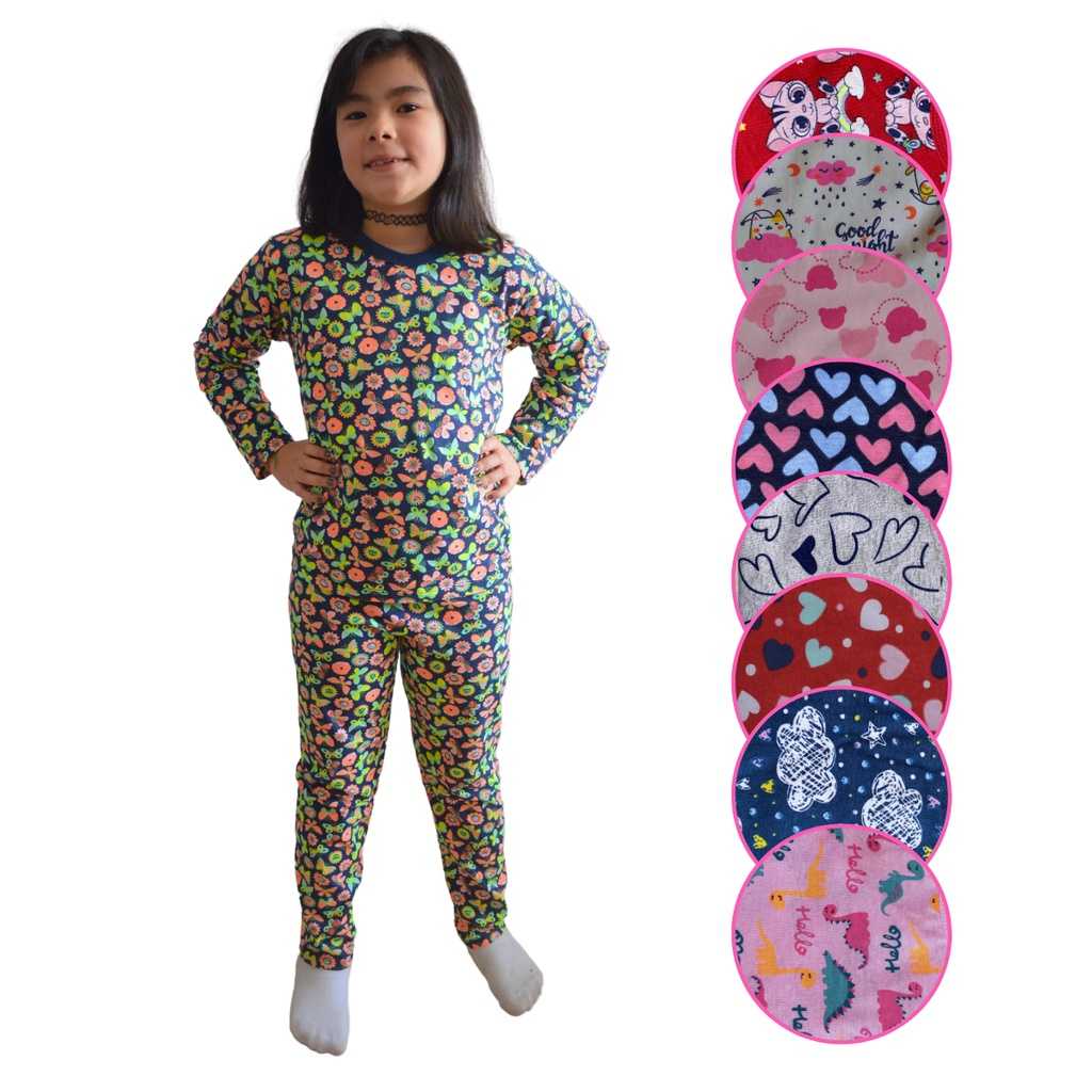 Conjunto Feminino Pijama Manga Longa Estampado com Calça Bebê ao Infantil de 1 a 14 anos para Noites Frias Menina