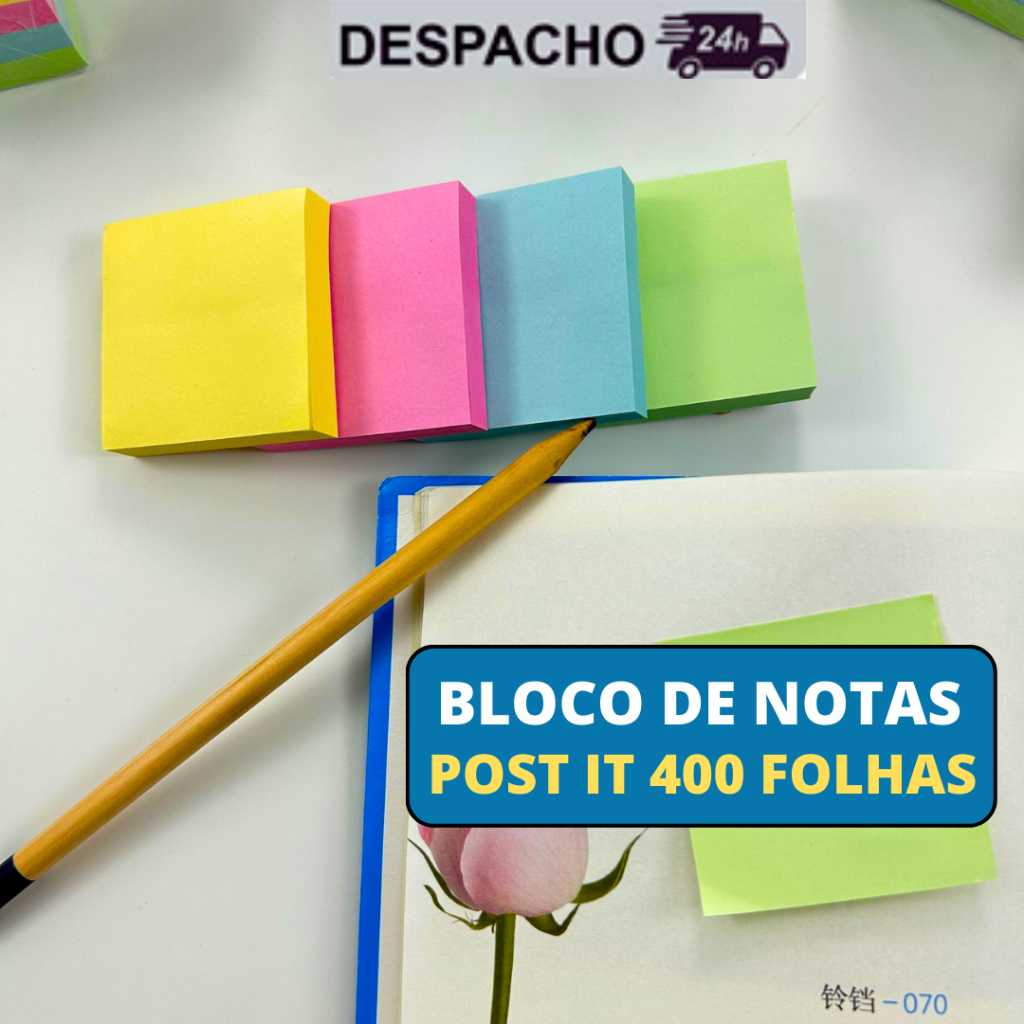 Bloco de Notas Adesivo Post it 400 Folhas 50x50mm ou 76x76mm Colorido