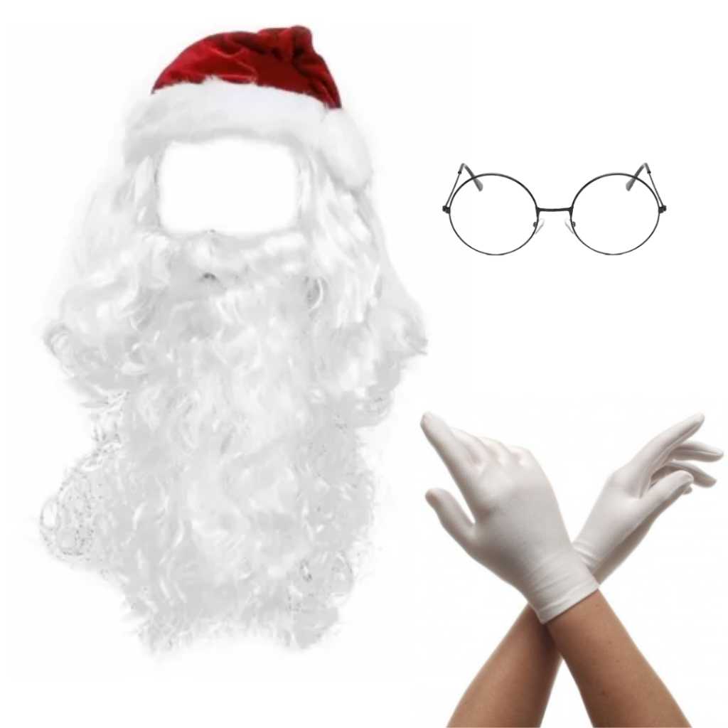 KIT Papai Noel Peruca + Barba + Gorro + Luva Branca + Óculos! Fantasia de Natal.