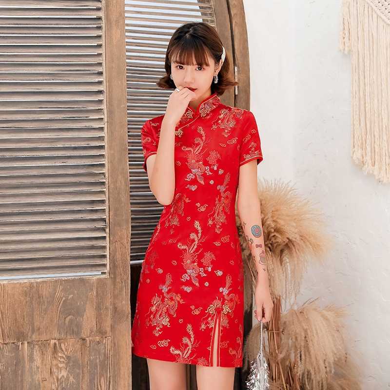 2022 Novo Vestido Nacional Chinês De Verão Cheongsam Dragão Fênix Feminino Dividido Mini Qipao