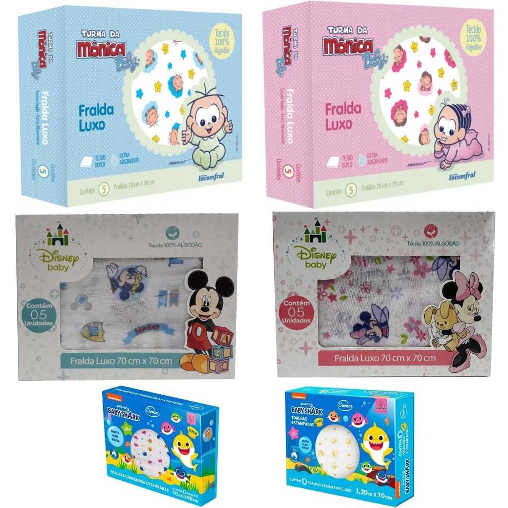 Caixa 15 Fraldas Personagens (Baby Shark+ Mickey e Minnie + Cebolinha)