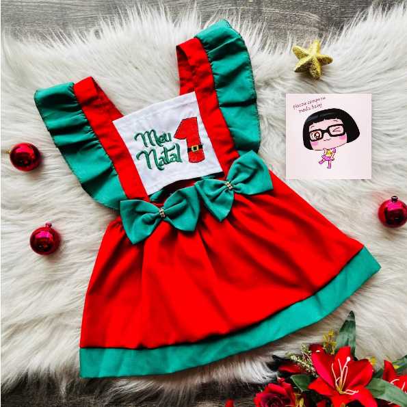 Vestido infantil natal vermelho e verde roupa de bebê jardineira presente