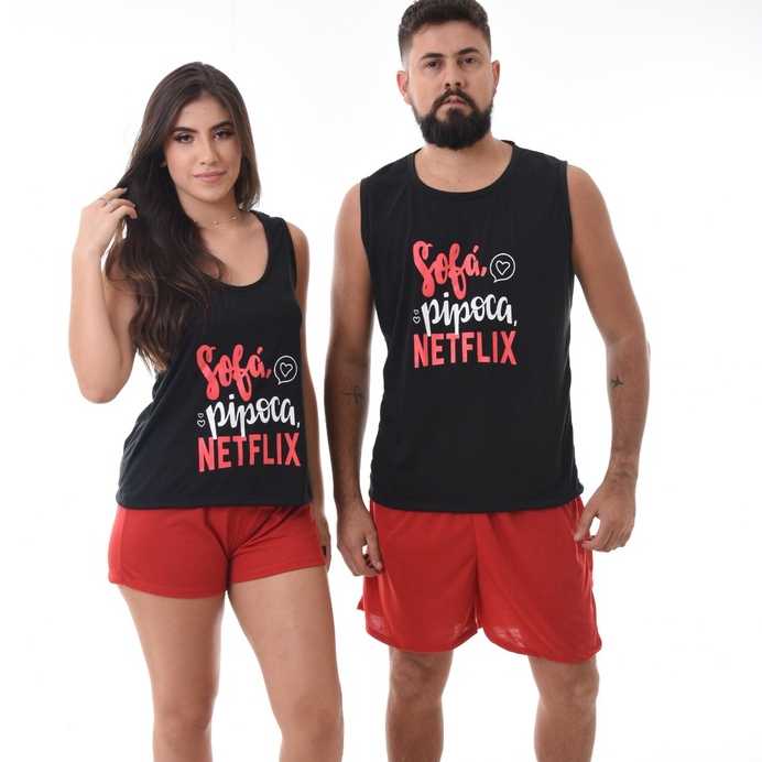 Kit 2 Pijamas Netflix Casal verão Masculino e Feminino Casal Preto e Vermelho