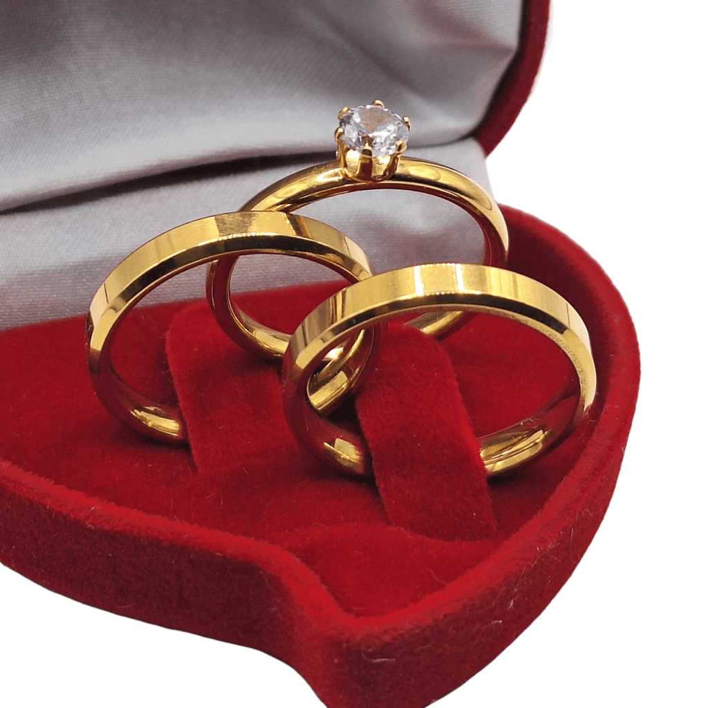 Par de Aliança de Casamento Com Anel Solitário Dourada 18k Para Namoro Noivado Fina 4mm + Caixinha
