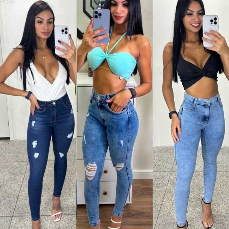 Calça Jeans Feminina Cintura Alta Com Lycra Elastano Skinny Efeito Empina Bumbum