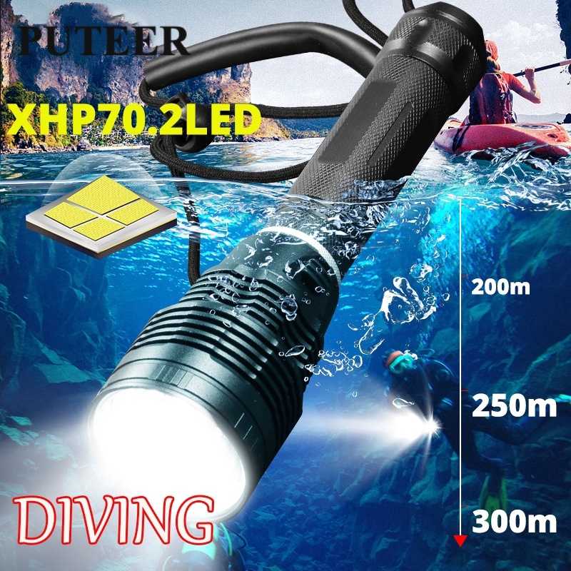 PUTEER Luz De Mergulho Subaquática De Alta Qualidade 100m XHP70.2 lanterna De À Prova D'água Para Mergulhador