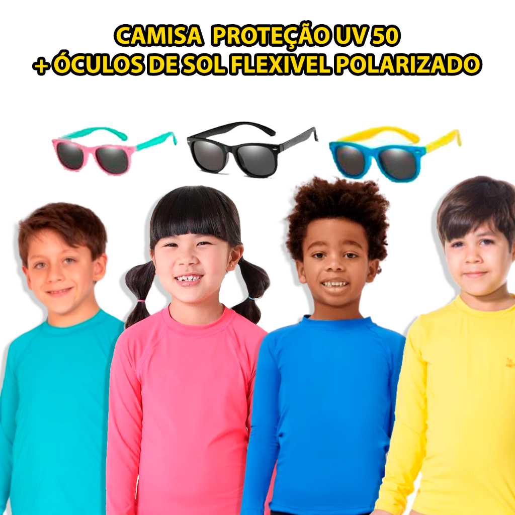 Camisa Proteção Uv50 Solar Infantil 2 ao 12 Com Oculos Flexível Polarizado Criança Praia Camiseta Blusa Termica