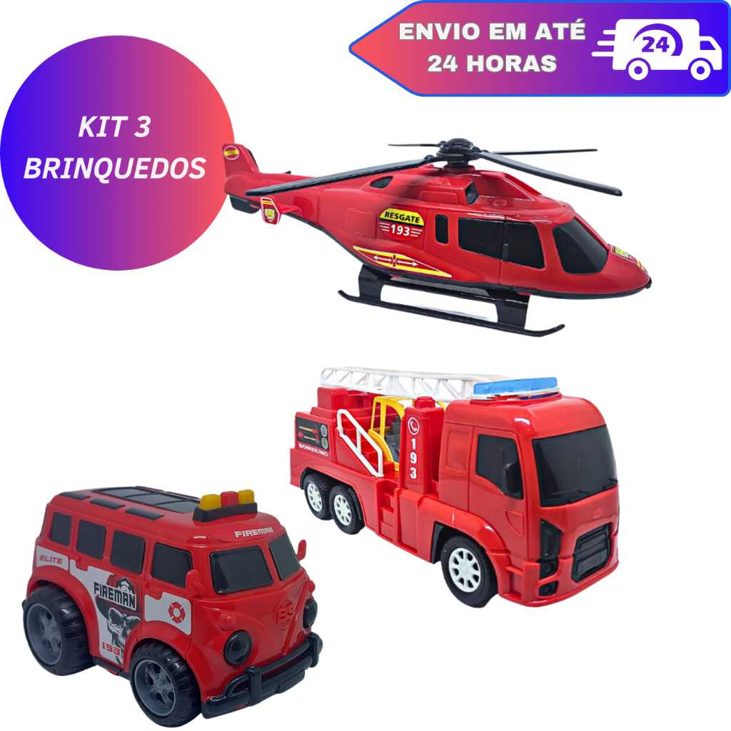 Kit Bombeiro Resgate Brinquedo infantil Caminhão Helicoptero Ambulância Diversão garantida