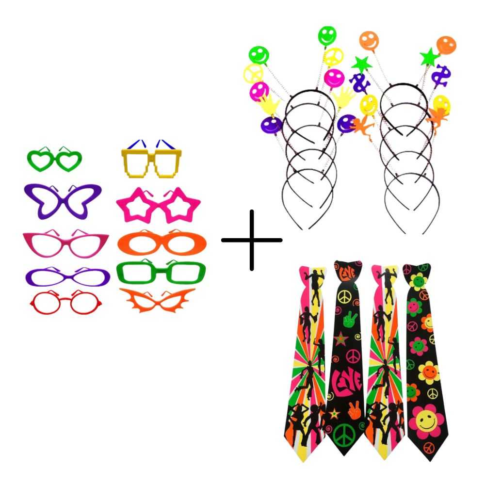 Kit 10 Óculos Coloridos Divertido + 10 Tiaras + 10 Gravatas