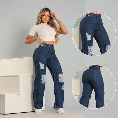 Calça Wide Leg Jeans Feminina Pantalona Cintura Alta 100% Algodão PREMIUM