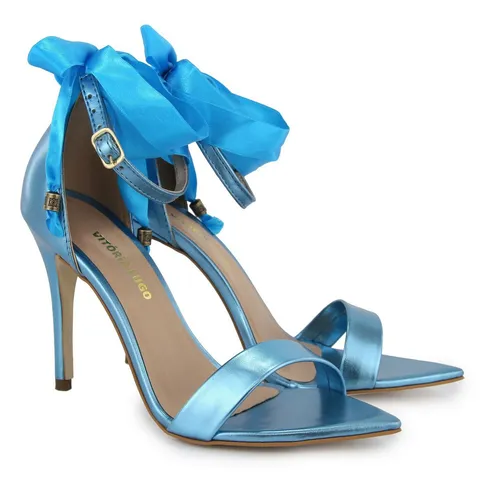 sandália feminina salto alto azul cetim bico fino