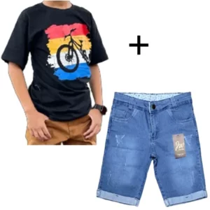 Kit 1 Bermuda Jeans Infantil Masculino 1 Camisetas Gola Redonda Algodão Aproveite Combo Conjunto Imperdível