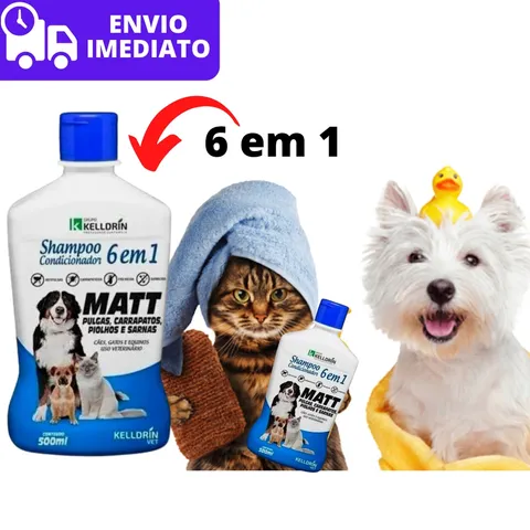 Shampoo e Condicionador de Cachorro e Gato 6x1 para Pulgas Carrapatos Piolhos e Sarnas Kelldrin Matt 500ml