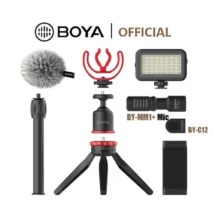BOYA BYVG350 Conjunto vlog do telefone do microfone com luzes LED Microfone Condensador MM1 Kit De Extensão De Tubo De Claro Tripé Para Smartphone Android Vlog