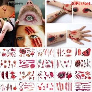 JNBR 30 Folhas Tatuagens Temporárias De Halloween Vampiro Cicatriz De Sangue Cosplay JIN