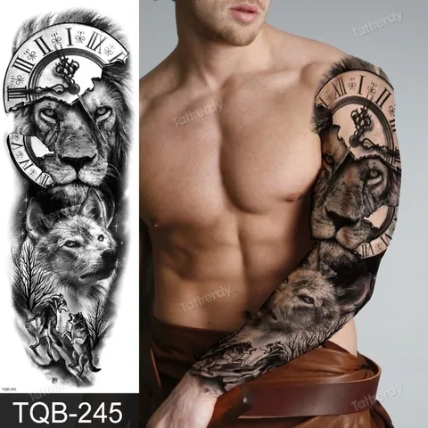 Tatuagens Temporárias Braço Completo Manga Corpo Grande Para As Mulheres Homens Black Tattoo Crânio Etiqueta Leão Lobo Relógio Tatoo Bonito