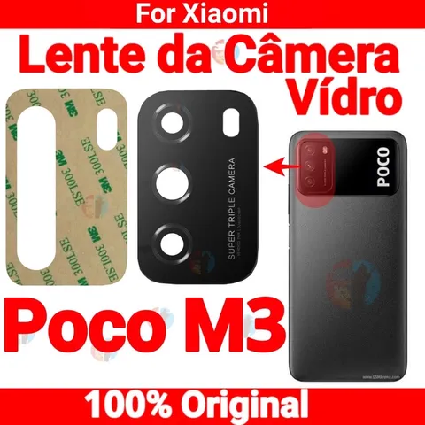 Lente Vidro Câmera Traseira Xiaomi Poco M3 Original Com Adesivo