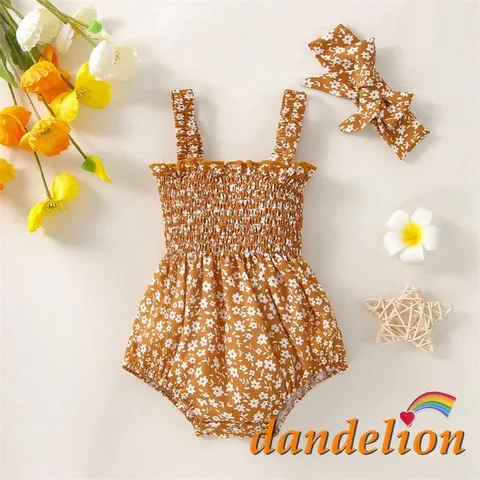 DANDELION018months Baby Girl Sleeveless Romper Bow Headband Flower Pattern Sweet Style Summer Clothing