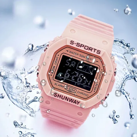 Relógio De Pulso Digital Led Feminino De Luxo A Prova Da Agua Lindos Com Caixinha Shunway Led Esportivo Cronômetro Eletronico S605A