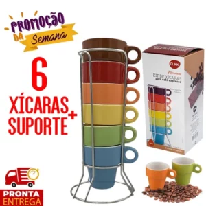 Jogo de 06 Xícaras Empilháveis com Suporte 50ml Conjunto para Café Pronta Entrega
