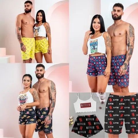 Pijama casal cropped ondinha kit Mozão kit casal babydoll