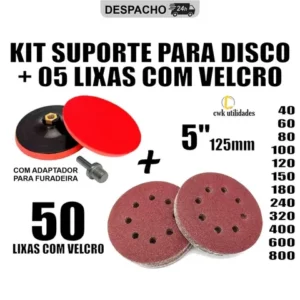 Kit Base Suporte Disco 125mm 50 Lixas Com Velcro 5 Furadeira Esmerilhadeira