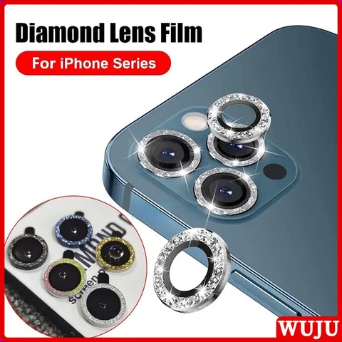 WUJU padrão de diamante brilhante Metal Vidro Temperado Cobertura Total De Película Câmera Para iPhone 11 12 13 Pro Max 12 13 Mini