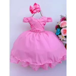 Vestido Infantil Rosa Cinto de Pérolas Casamento Luxo