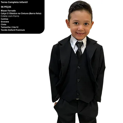 Terno Infantil Paletó Calça Colete Camisa Gravata e Cinto Tamanho 2 AO 12 Cor Preto Tecido Oxford Premium