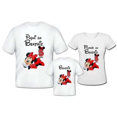 Kit 3 Camisa Personalizada Tema Minnie Pai Mãe e Filha