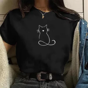 Camiseta Feminina Gatinho Rabisco Blusa estampada preta de algodão