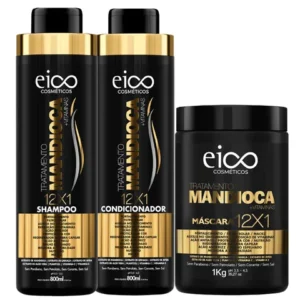 Eico Tratamento Mandioca Shampoo 800ml e Condicionador Leavein 750ml Máscara Hidratação 1kg Crescimento Fortalecimento