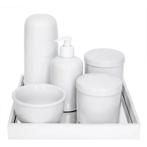 Kit Higiene Bebe Porcelana Branco Gelo Completo Bandeja MDF Branca Espelhada Tampas de Porcelana