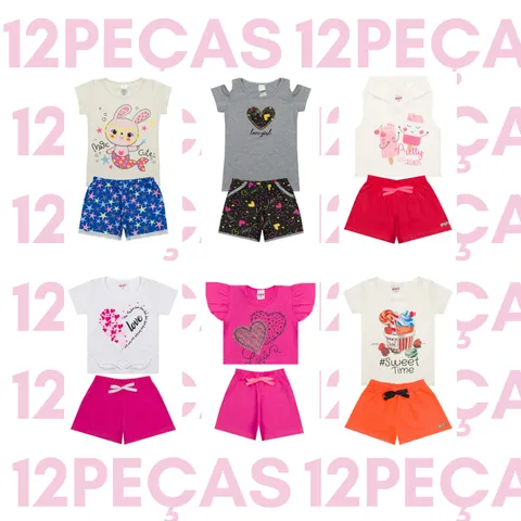 Kit Sortido 12 Peças de Roupas Infantil Menina 6 Camisetas 6 Bermudas Promoção Kit com 6 Conjuntos de Roupa Infantil Feminino