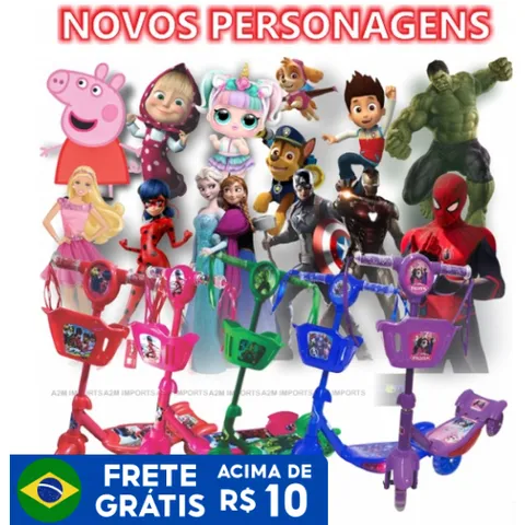 Patinete Infantil Novos Adesivos Azul Rosa Menino Menina 3 Rodas Musical Com Cestinha E Luzes Entrega em todo Brasil