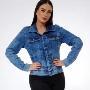 Jaqueta Jeans Feminina Casaco Com Lycra Botão Encapado Azul Escuro