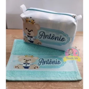Kit bebê Urso Azul Coroa Nécessaire Toalhinha lavabinho Maternidade