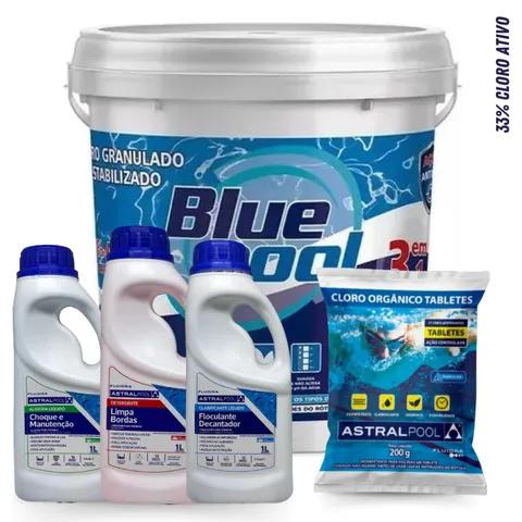 Kit Cloro Blue Pool Balde 10KG By Fluidra 1 Tablete de Cloro 200g e Produtos Auxiliares para Limpeza de Piscina